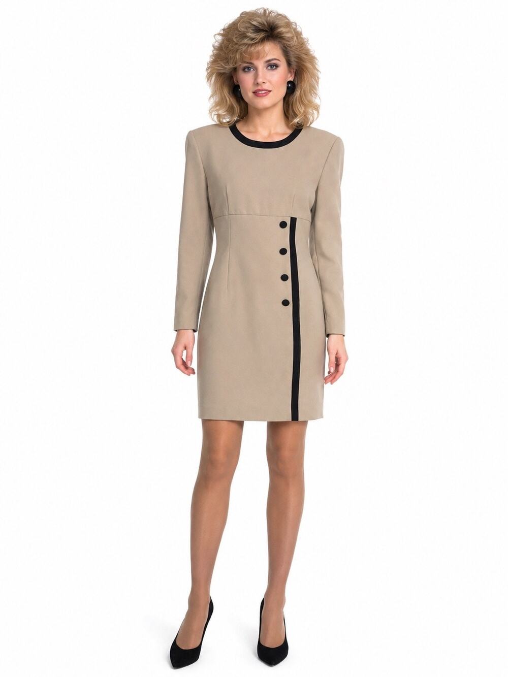 Vintage 1980s Bedford Fair Taupe Black Mod Colorblock Dress USA Medium